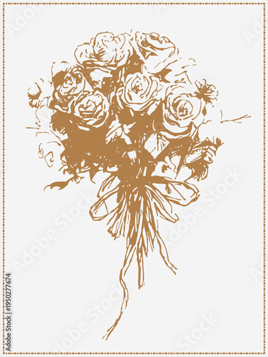 Elegant hand drawn roses bouquet in vintage sketch style. Decorative line art element perfect for gift wrapping, wedding invitations, packaging design and luxury branding