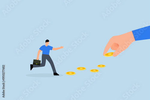 Follow the money, greedy entrepreneur is rushing to collect coins along the trail