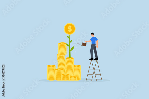 growing investment, Entrepreneurial investor watering pile of dollar coins to cultivate money plant