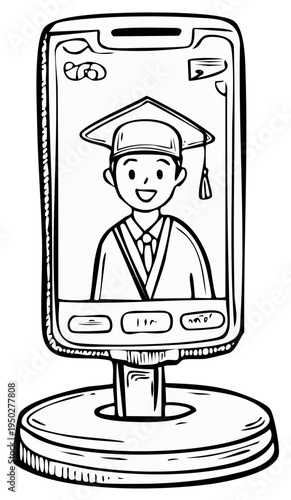 Illustrated mobile phone screen displaying a graduation ceremony