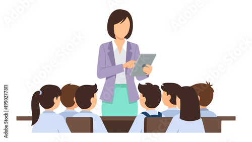 Educational Guidance: A dedicated educator, standing before a group of attentive students, imparts knowledge using a tablet, in a classroom environment.