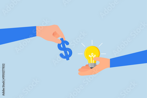 Funding startup idea, Businessman hands over  dollar bill to support bright business idea