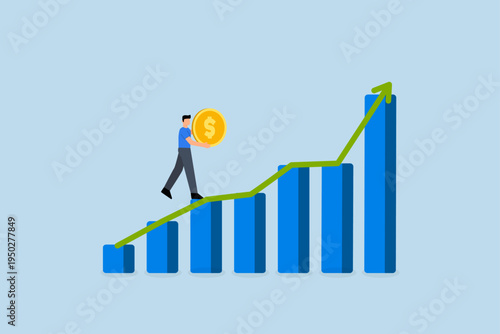 Investment graph, businessman with confidence holds  large dollar coin while ascending growing financial chart