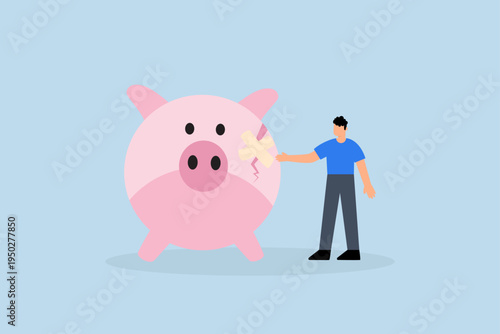 Fix financial problem, Injured piggy bank with bandage symbolizes repairing issues
