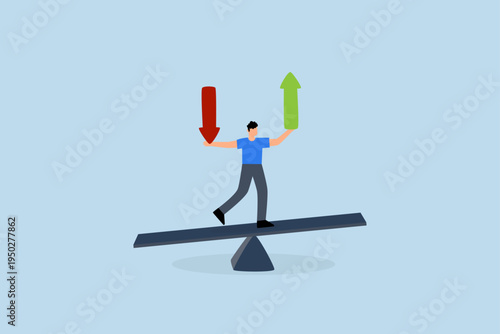 Loss and gain on investment, Businessman investor balancing on seesaw while holding arrows indicating loss and gain.