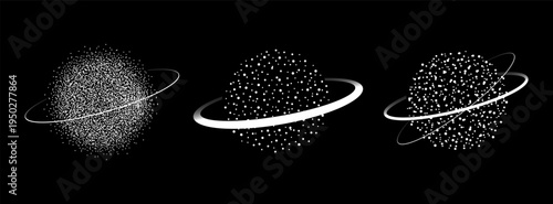 Set of white dotted abstract planet. Halftone textured spheres with  ring around. Space vector illustration of stars and exoplanet.