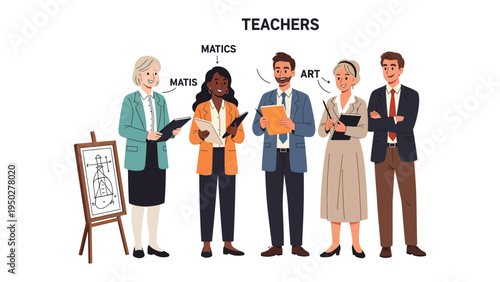 Teachers' group illustration: A group of educators stands united, embodying the spirit of mentorship and learning, symbolizing the dedication and knowledge.