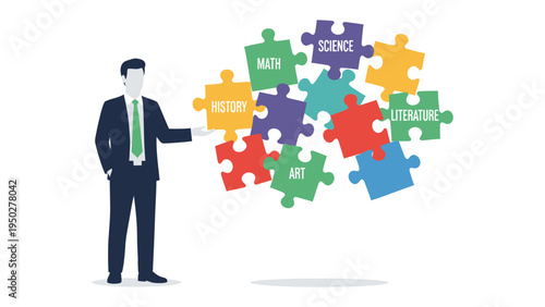 The Architect of Education: A well-dressed figure presents a colorful puzzle of academic subjects, symbolizing the intricate nature of learning and the guidance of an educator.