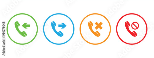 Phone call icon set: incoming call, outgoing call, rejected call, and missed call. Telephone symbol. Vector illustration.