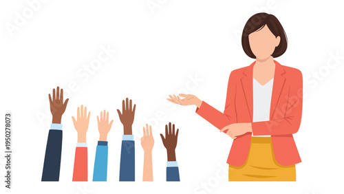 Empowering Hands: A visual representation of inclusivity, highlighting a speaker, surrounded by hands raised in unison, representing audience participation and engagement.