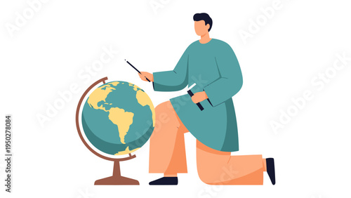 Worldly Wisdom: An educator passionately engages with a globe, demonstrating the pursuit of geographical knowledge with clarity and insight.
