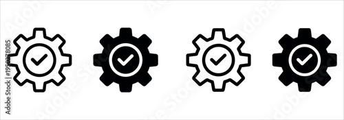 Minimalist vector gear icons featuring checkmarks, ideal for business, technology, and productivity-themed designs, presentations, or marketing materials.