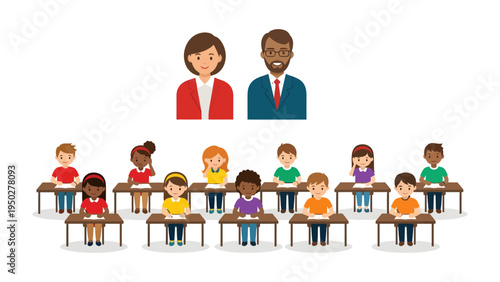 Diverse Classroom: A vibrant illustration showcasing an inclusive classroom environment where students and teachers collaborate to foster education.