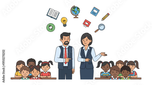 Teachers and Students: A cartoon depicting a diverse classroom scene with a teacher and students interacting amidst educational icons, symbolizing learning.