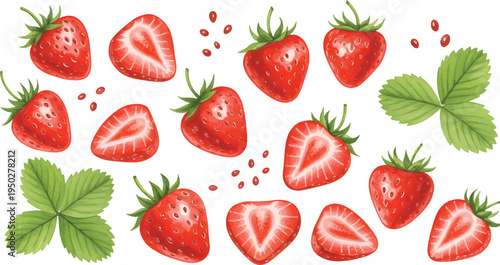 Vector Illustration Fresh Strawberries Collection with Halves and Seeds Illustration