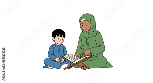 Mother teaching her son Islamic studies from the Quran