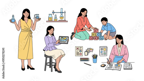Diverse Roles: A depiction of a woman in various roles, from scientist to teacher, showcasing her versatility and multifaceted life. 