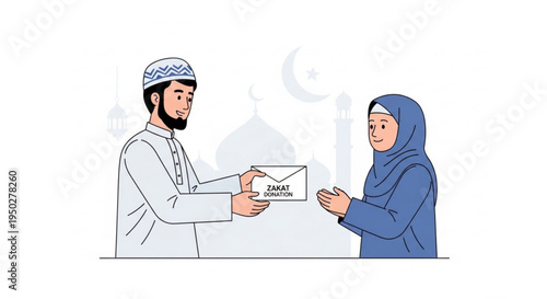 Muslim man gives gift envelope to Muslim woman during Ramadan or Eid celebration, symbolizing charity and giving