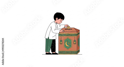 A young child making a compassionate donation into a beautifully decorated charity box, symbolizing generosity and community support during religious observances