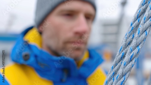 Fachkompetenz im Bereich Segelbootrigging: Ein Techniker justiert Kabel mit Präzisionswerkzeugen und mobiler Schnittstelle in hellem maritimen Umfeld
