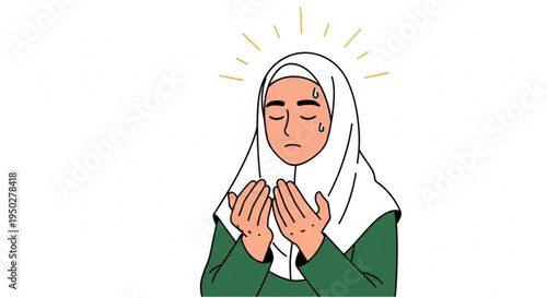 A gentle illustration of a person praying with their hands outstretched in supplication, surrounded by a soft halo of light