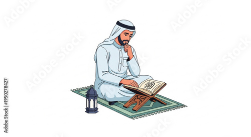 Thoughtful Muslim man in traditional Middle Eastern attire, sitting on a prayer mat and engrossed in reading a holy book on a rehal, representing spiritual devotion and cultural reverence