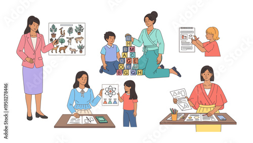 Diverse Learning Moments: Educators and children are engaged in various educational activities, showcasing the dynamic environment of a school day.