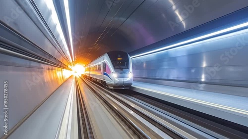 High-Speed Train Entering a Futuristic Tunnel with Radiant Illumination