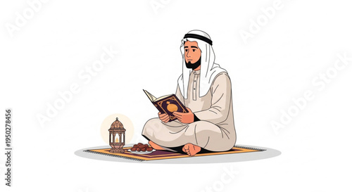Illustration of a devout Muslim man in traditional attire reverently reading a holy book during a spiritual moment, surrounded by cultural symbols
