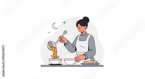 Stylized illustration of a woman in an apron expertly serving a comforting meal with a ladle into a bowl, representing the essence of home cooking and mindful food preparation