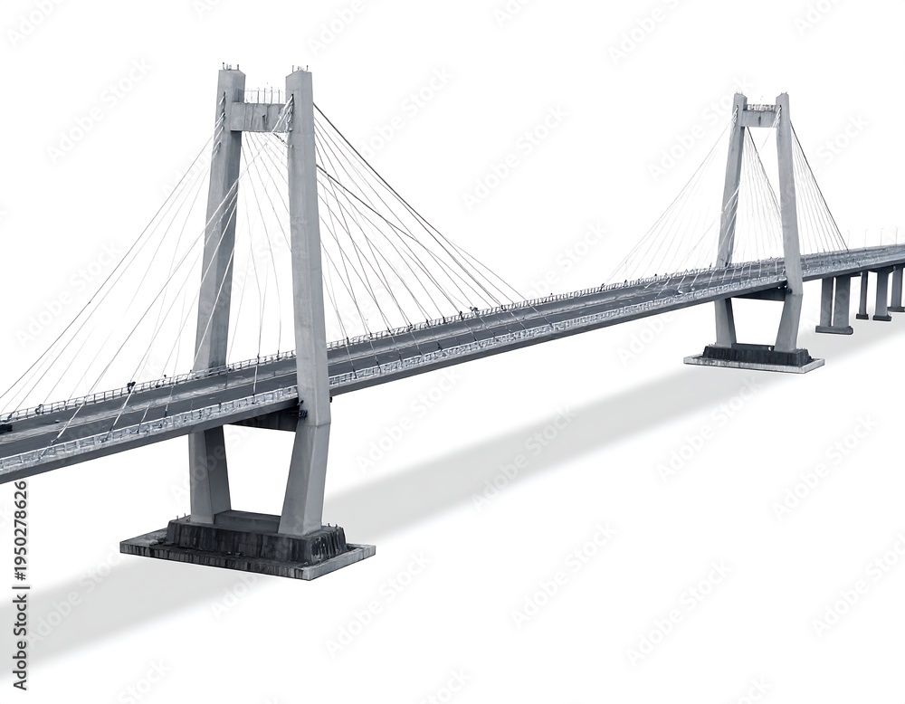 Fototapeta premium Gray cable-stayed bridge with two towers spans open space, casting long shadows on a bright white surface