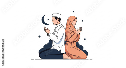 Illustrative depiction of a devout Muslim couple observing prayer, symbolizing faith, peace, and spiritual connection within Islamic tradition, framed by a crescent moon and stars