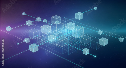 A digital visualization of a decentralized blockchain network with interconnected glowing cubes