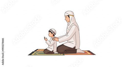 A Muslim mother and son praying together on a prayer rug, teaching religious devotion and family bonding