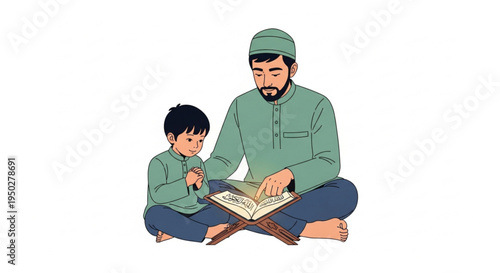 A devoted father lovingly guides his young son through the pages of a sacred text, embodying the spirit of intergenerational learning and cultural heritage transfer