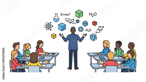Science Lesson: A dedicated educator, with open arms, leads an engaging science lesson, explaining the wonders of scientific concepts to an attentive group of learners.