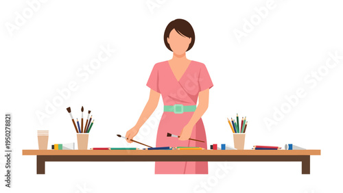 Artistic Passion: An artist, immersed in the creative process at her work station, surrounded by the tools of her craft. A symphony of colors and textures awaits the touch of a brush.