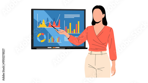 Business Presentation: A woman, pointing at a chart on a screen, engaged in a presentation and delivering a clear and concise presentation.