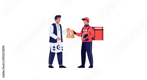 Efficient home delivery service with a uniformed courier handing a package to a customer in traditional attire, illustrating modern convenience meeting diverse clientele