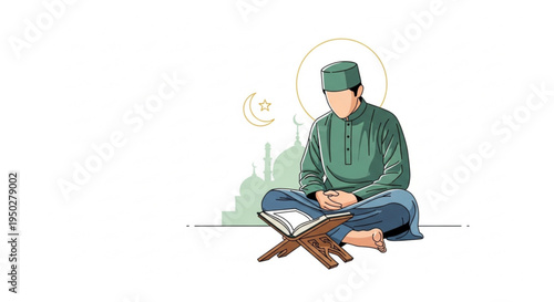 A devout Muslim man engaged in serene spiritual reflection, quietly reading sacred texts from a rehal, embodying profound faith, peace, and devotion