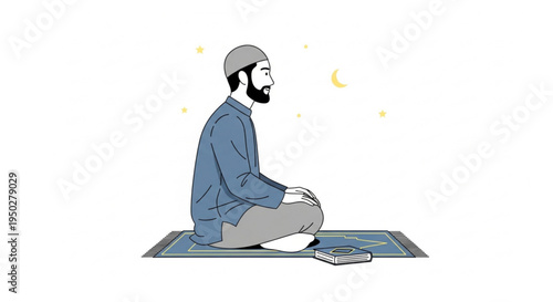 Muslim man sitting in prayer on a rug with a book, during a starry night, a depiction of religious devotion and cultural tradition