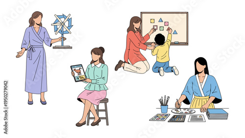 Moments of Maternal Nurture: A depiction of a caring woman's life, encompassing various facets of motherhood, from playing to teaching and relaxing. 