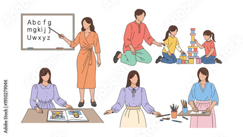 Child Education: A collage of educators guiding young students through various learning activities, including alphabet lessons, building blocks, and art projects.