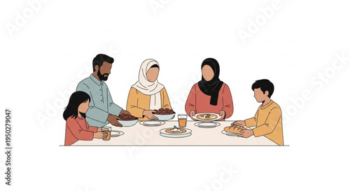 A Muslim Family Enjoying a Traditional Meal Together Around a Dining Table, Illustrating Cultural Heritage and Unity