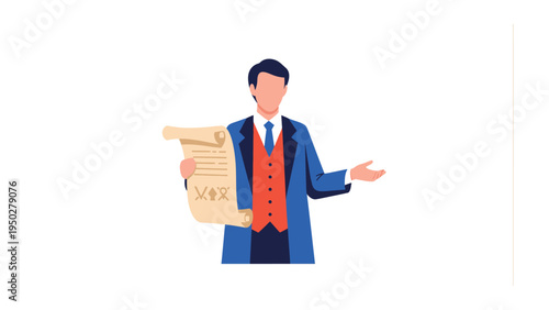The Legal Announcement: An illustrated lawyer presents a formal legal document, radiating authority and professionalism. Capturing the essence of law, agreements, and legal concepts.