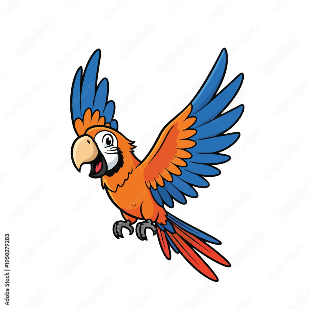 Fototapeta premium Vibrant orange and blue parrot in mid flight isolated on white background
