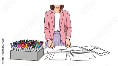 Creative Workspace: A person in a pink jacket stands at a desk filled with stationary, arranging documents. Illustrative of creativity and professional workspace.