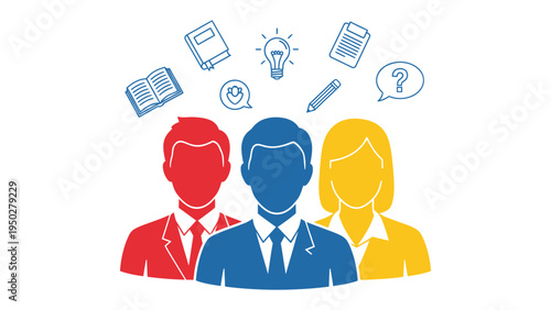 Knowledgeable Minds: Three individuals, each embodying unique perspectives, are framed with relevant icons representing knowledge and ideas.