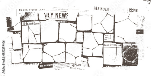 Cracked stone wall texture with fragmented newspaper clippings and text