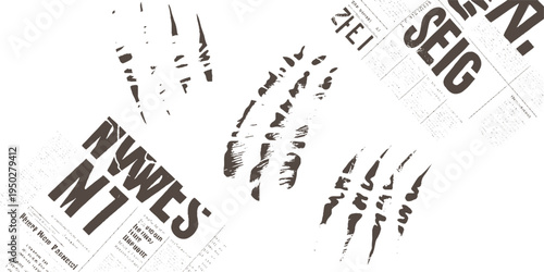 Dark brown ink handprints and text fragments on white background